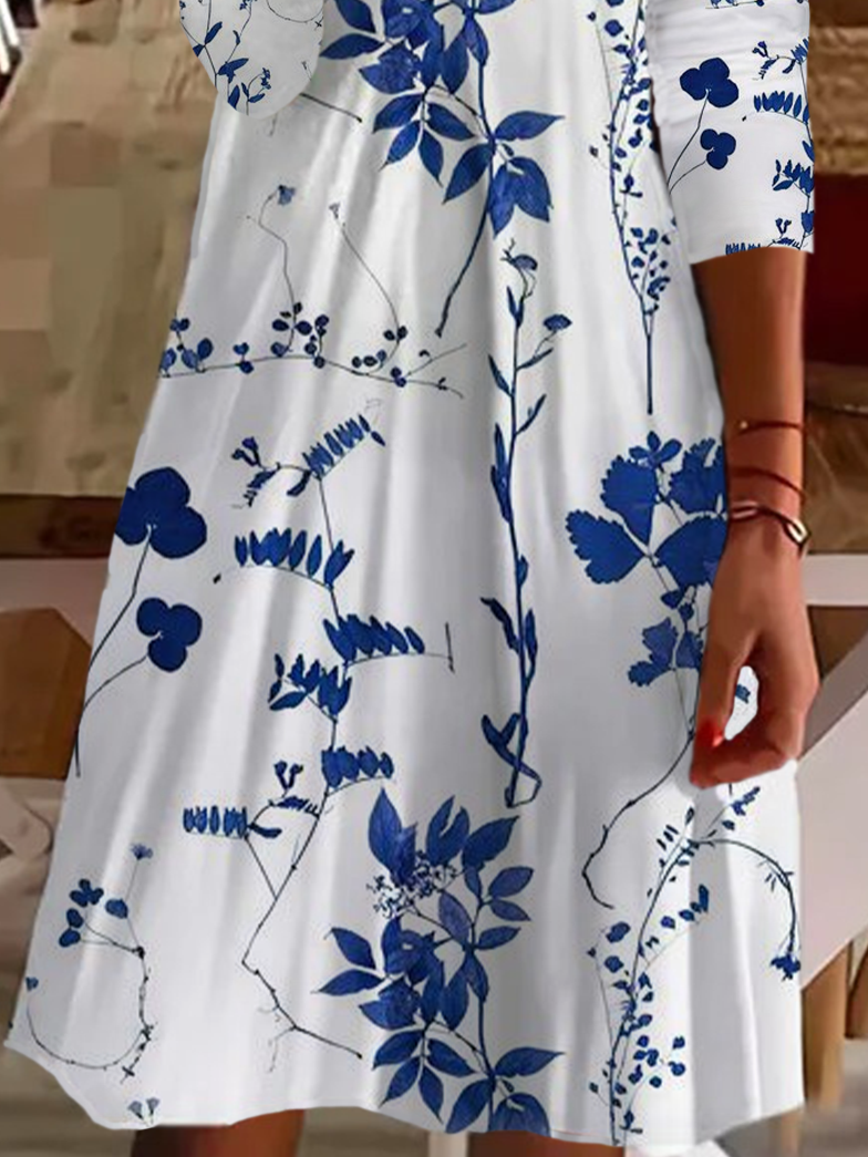 Damen Langarm Sommer Geblümt Print Kleid V-Ausschnitt Täglich Ausgehen Lässig Midi Tunika A-Linien-Kleid