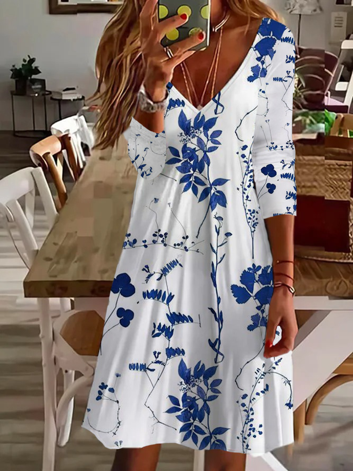 Damen Langarm Sommer Geblümt Print Kleid V-Ausschnitt Täglich Ausgehen Lässig Midi Tunika A-Linien-Kleid