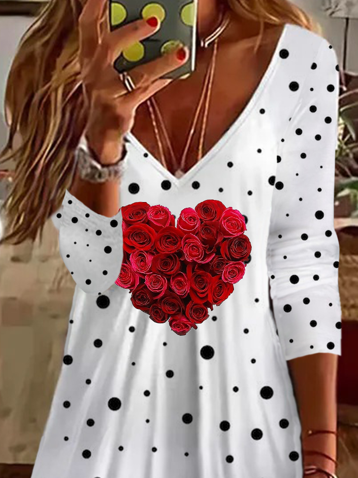 Damen Langarm Sommer Polka Dots Print Kleid V-Ausschnitt Täglich Ausgehen Lässig Midi Tunika A-Linien-Kleid