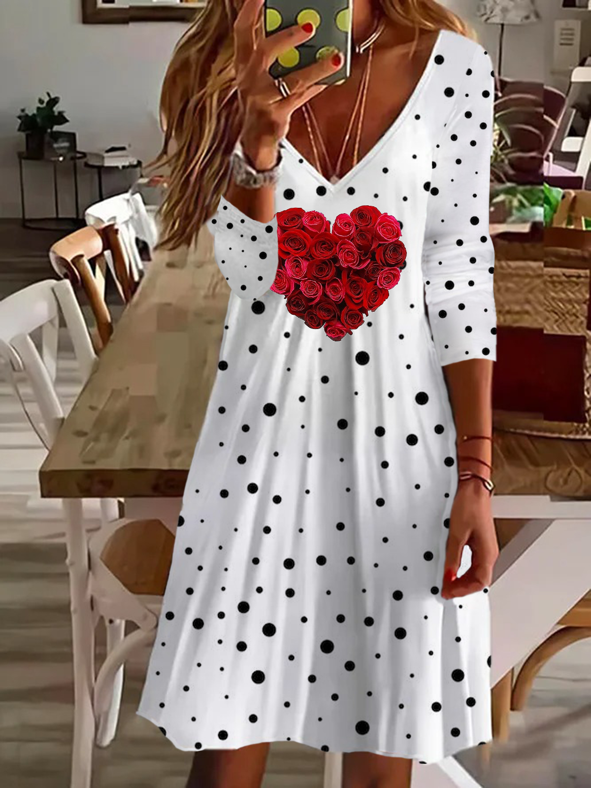 Damen Langarm Sommer Polka Dots Print Kleid V-Ausschnitt Täglich Ausgehen Lässig Midi Tunika A-Linien-Kleid