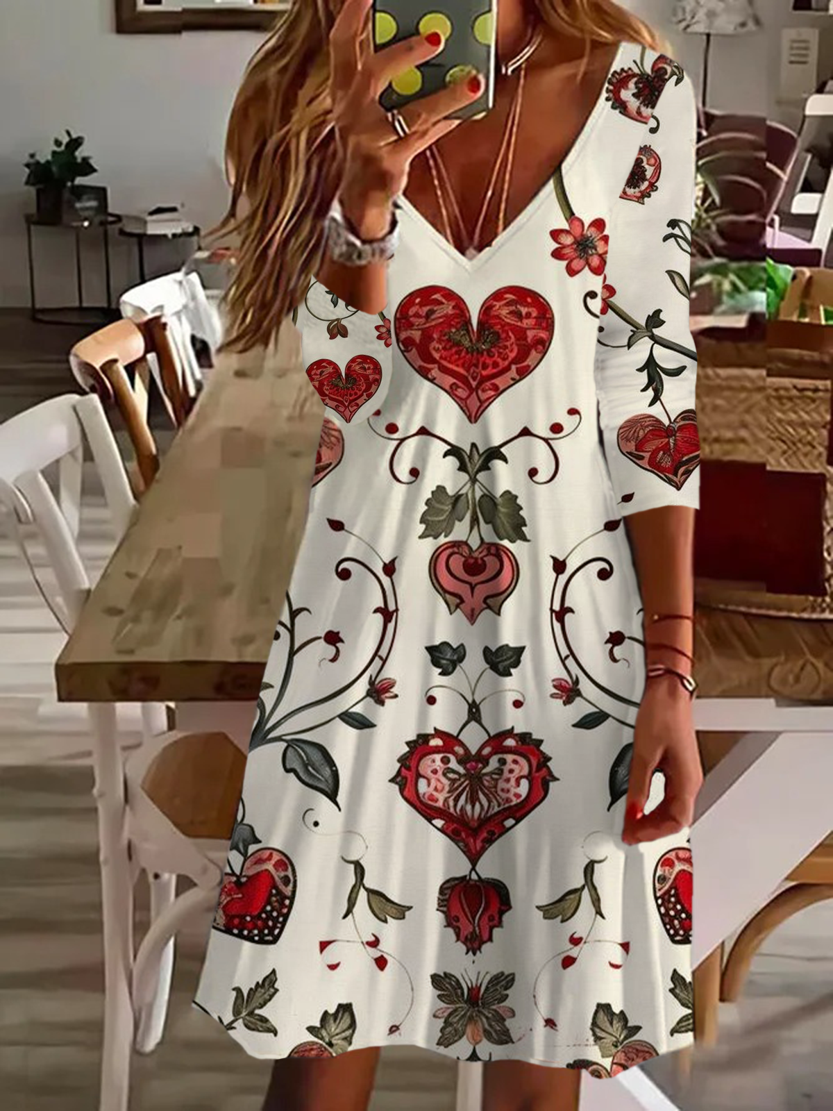 Damen Langarm Sommer Geblümt Print Kleid V-Ausschnitt Täglich Ausgehen Lässig Midi Tunika A-Linien-Kleid