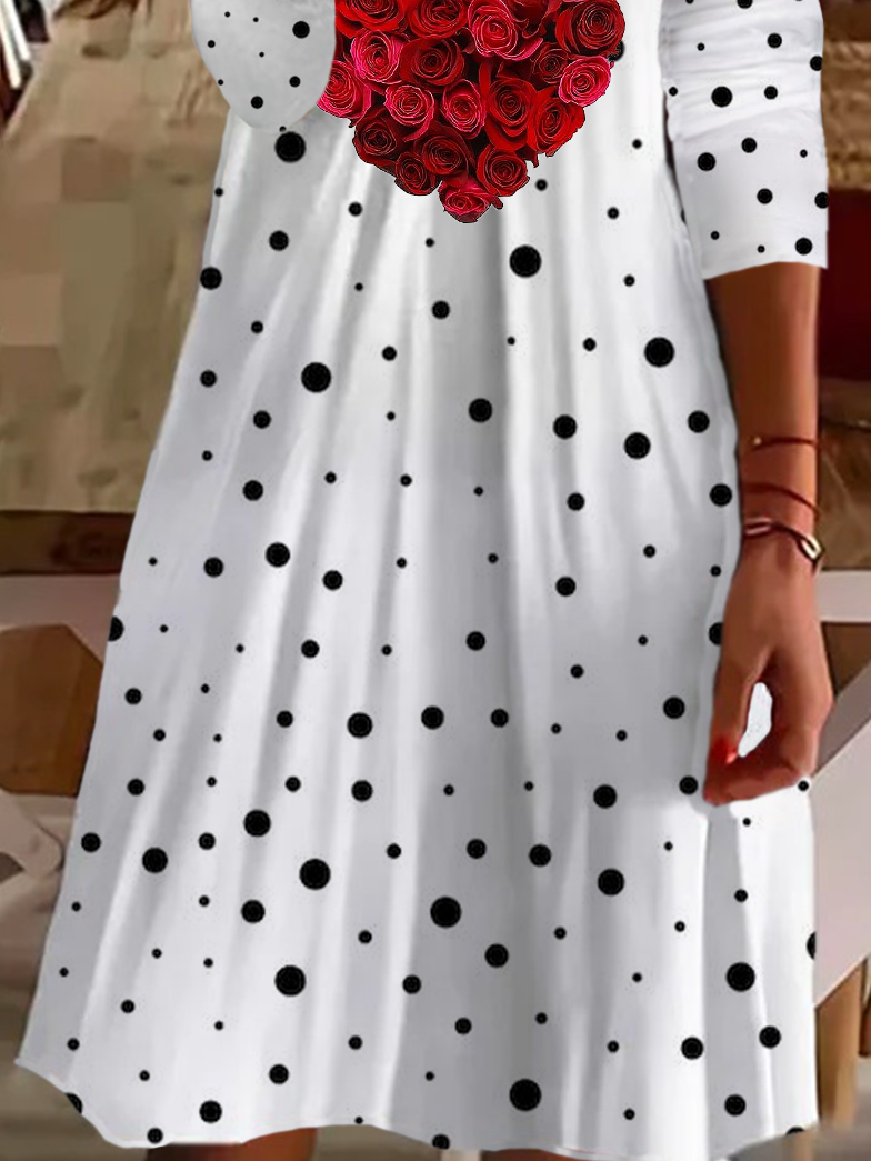 Damen Langarm Sommer Polka Dots Print Kleid V-Ausschnitt Täglich Ausgehen Lässig Midi Tunika A-Linien-Kleid