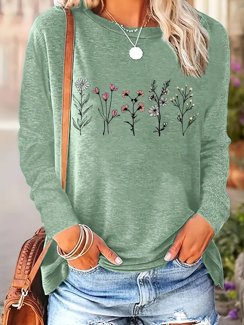 Damen Langarm T-Shirts T-Shirt Frühling/Herbst Geblümt Print Rundhals Lässig Oberteile