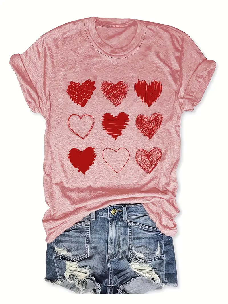 Damen Kurzarm T-Shirts T-Shirt Sommer Herz/Herz Print Rundhals Lässig T-Shirt mit Grafik Oberteile