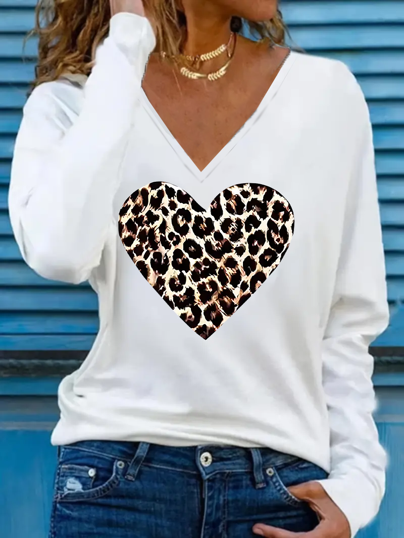 Damen Langarm T-Shirts T-Shirt Frühling/Herbst Leopard Print V-Ausschnitt Lässig Oberteile