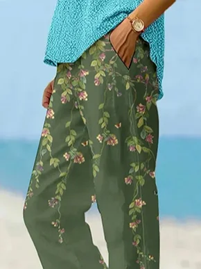 Damen Hose Gerade Hosen Täglich Ausgehen Lässig Print Leinenmischung Geblümt Frühling/Herbst Hose