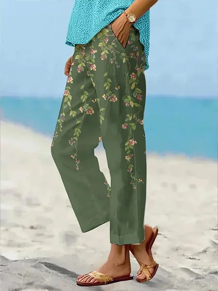 Damen Hose Gerade Hosen Täglich Ausgehen Lässig Print Leinenmischung Geblümt Frühling/Herbst Hose