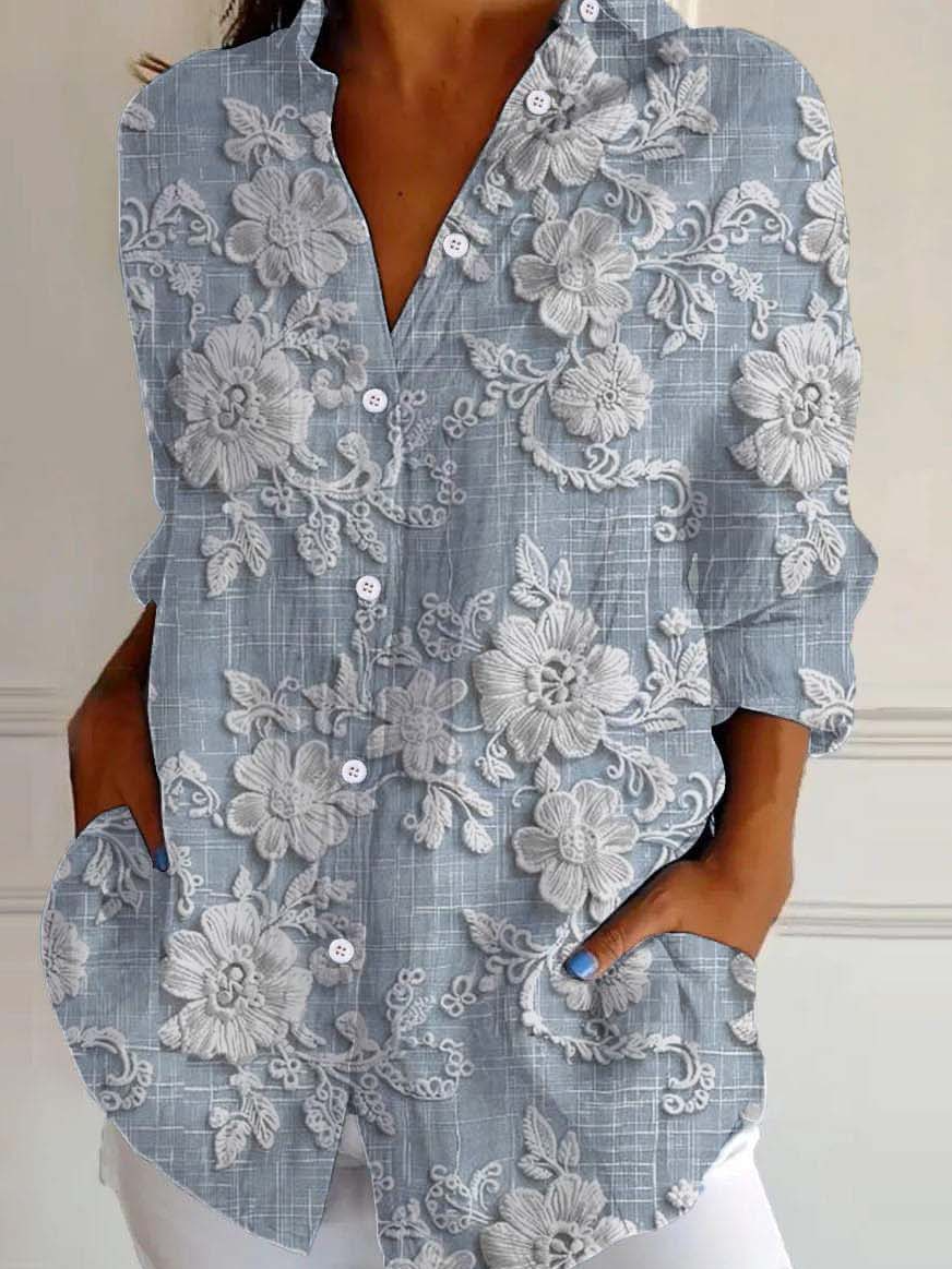 Damen Langarm Bluse Frühling/Herbst 3d Drucken Hemdkragen Täglich Ausgehen Retro Oberteile