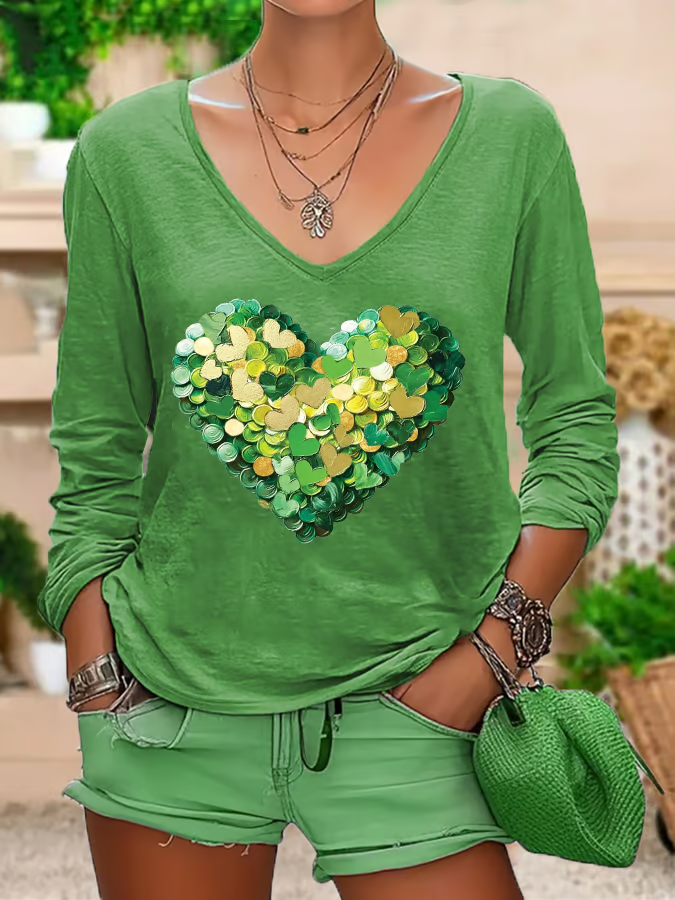 Damen Langarm T-Shirts T-Shirt Frühling/Herbst Herz/Herz Print V-Ausschnitt Lässig T-Shirt mit Grafik Oberteile