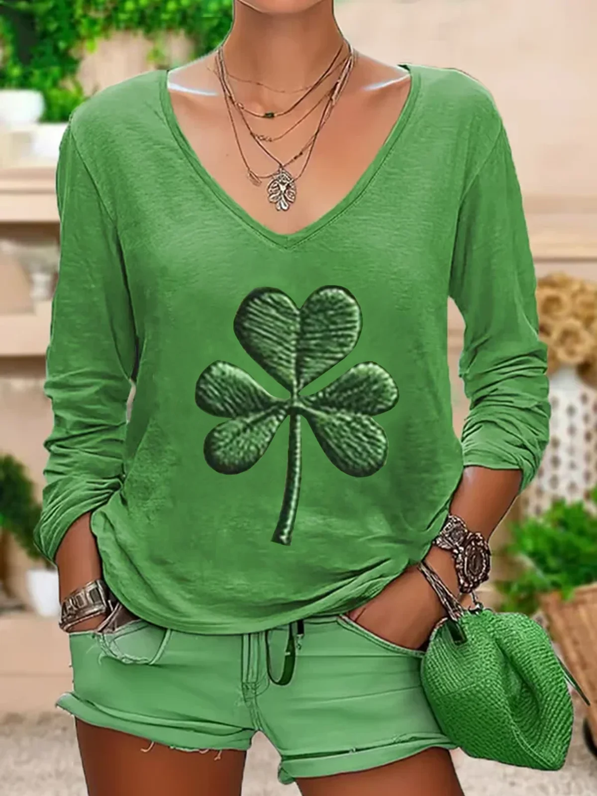 Damen Kleeblatt Langarm T-Shirts T-Shirt V-Ausschnitt Lässig Frühling/Herbst Oberteile