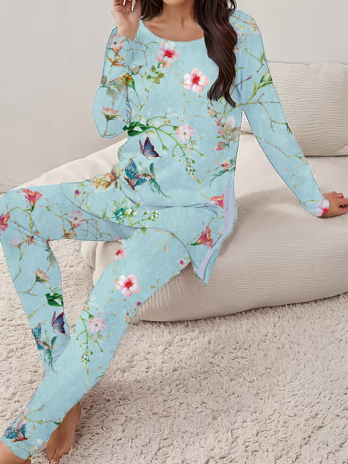 Damen Print Geblümt Täglich Ausgehen Zwei Stücke Set Langarm Lässig Frühling/Herbst Bluse mit Hose Matching Set