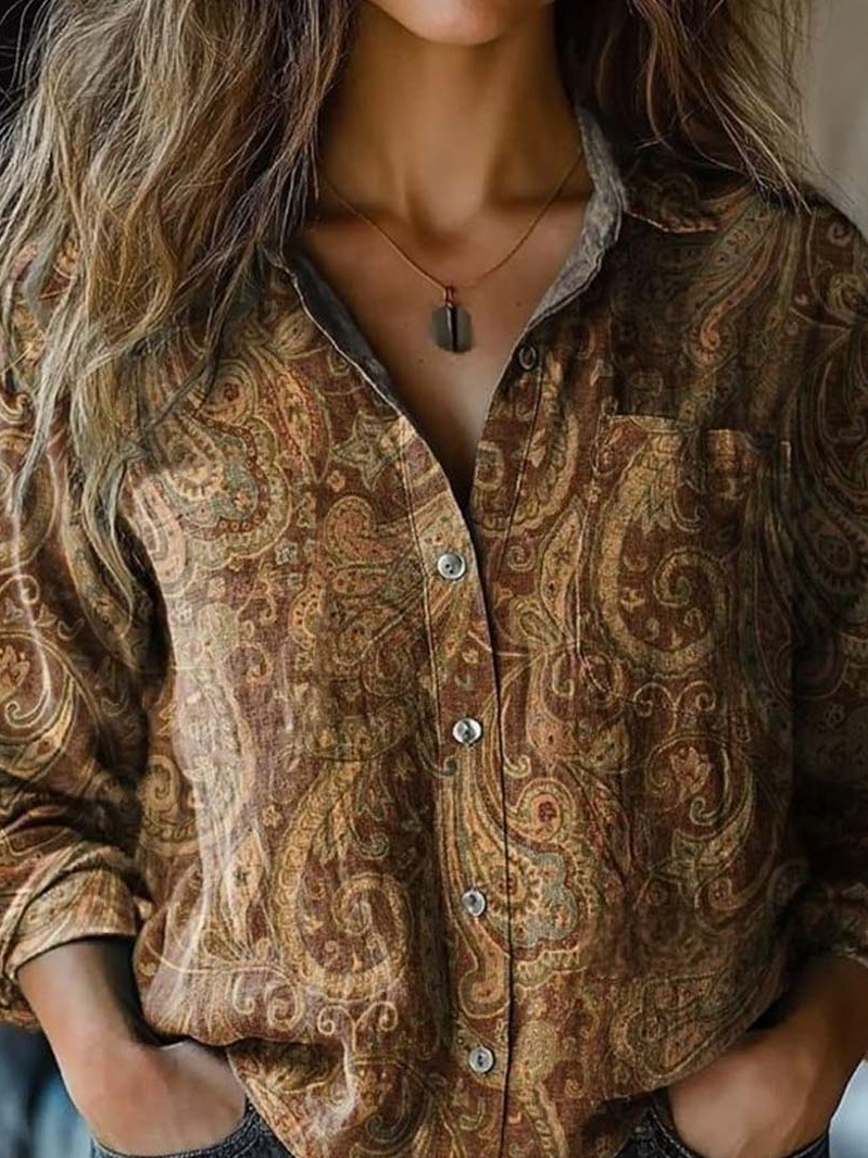 Damen Langarm Bluse Frühling/Herbst Paisley Schalkragen Täglich Ausgehen Retro Oberteile