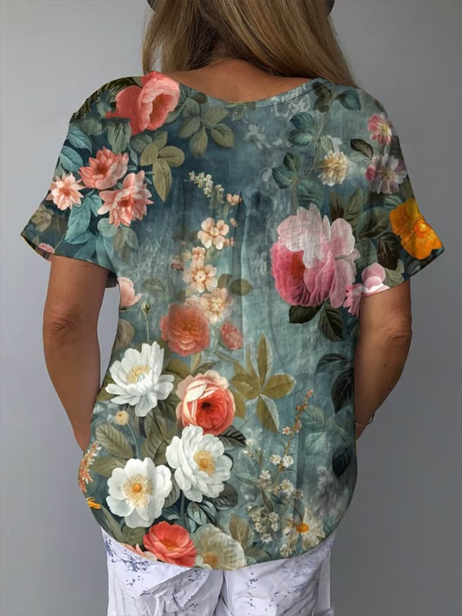 Damen Kurzarm Bluse Sommer Geblümt Print Rundhals Täglich Ausgehen Lässig Oberteile