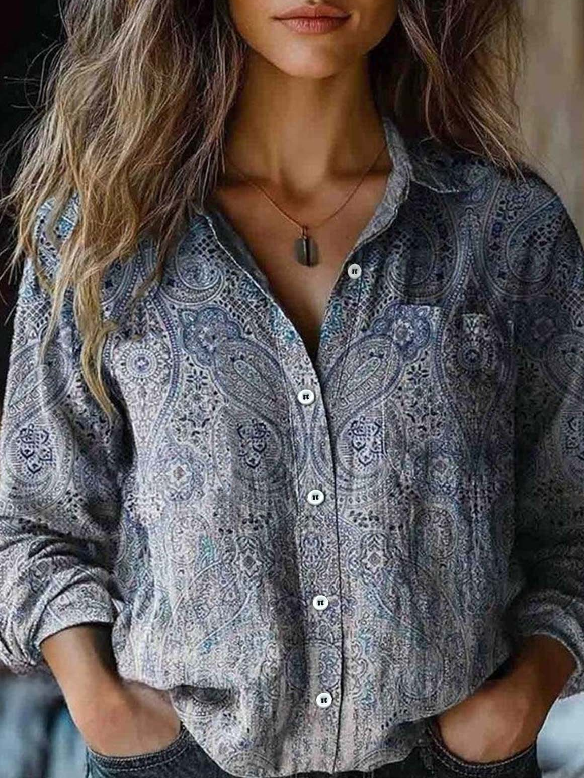 Damen Langarm Bluse Frühling/Herbst Ethnisch Schalkragen Täglich Ausgehen Retro Oberteile