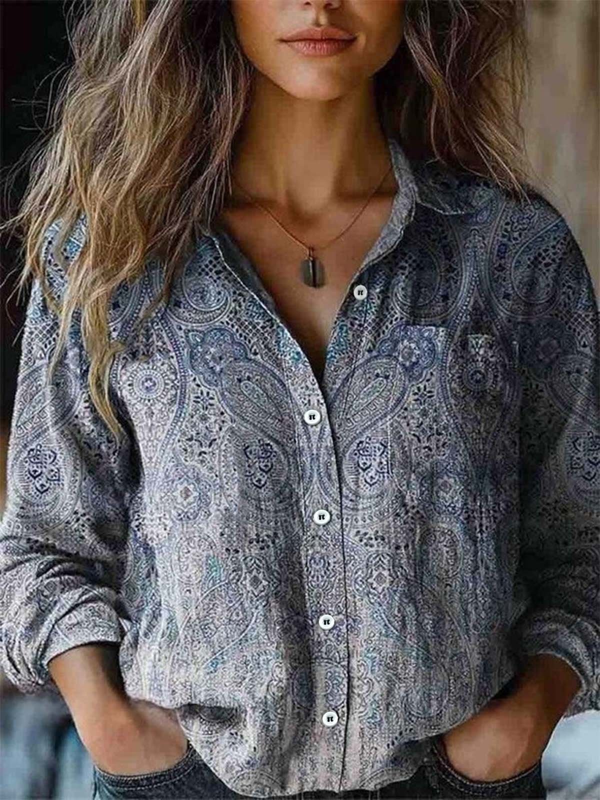 Damen Langarm Bluse Frühling/Herbst Ethnisch Schalkragen Täglich Ausgehen Retro Oberteile
