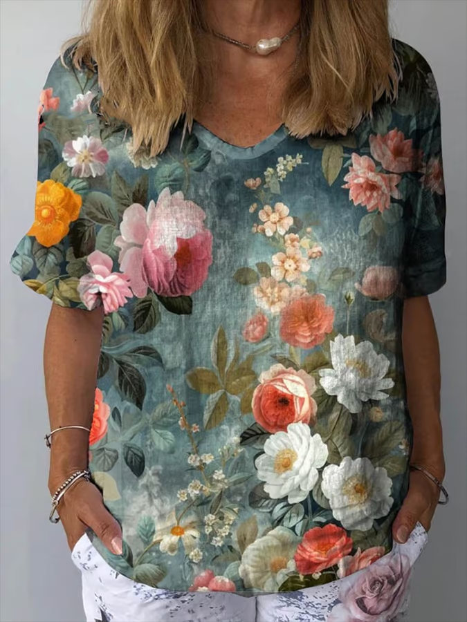 Damen Kurzarm Bluse Sommer Geblümt Print Rundhals Täglich Ausgehen Lässig Oberteile