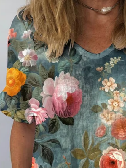 Damen Kurzarm Bluse Sommer Geblümt Print Rundhals Täglich Ausgehen Lässig Oberteile