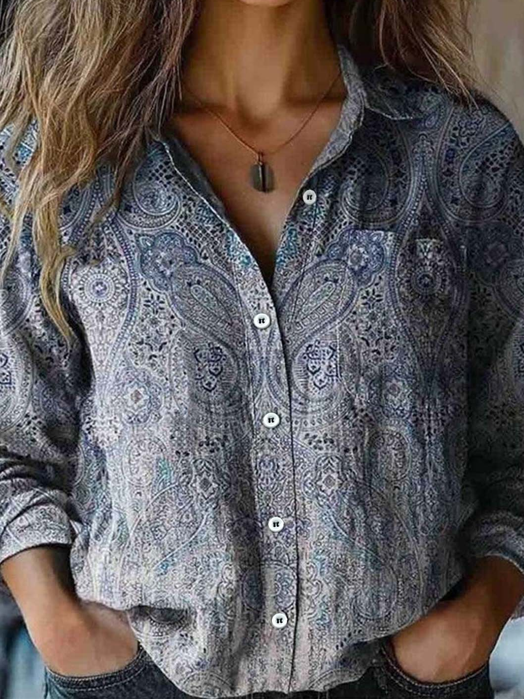Damen Langarm Bluse Frühling/Herbst Ethnisch Schalkragen Täglich Ausgehen Retro Oberteile