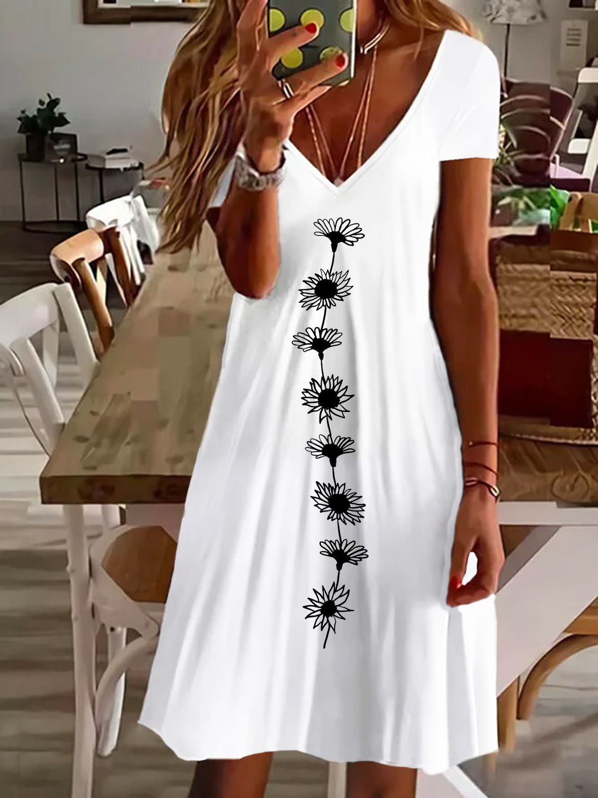 Damen Kurzarm Sommer Geblümt Print Kleid V-Ausschnitt Täglich Ausgehen Lässig Knielänge T-Shirt-Kleid H-Linie Kleid