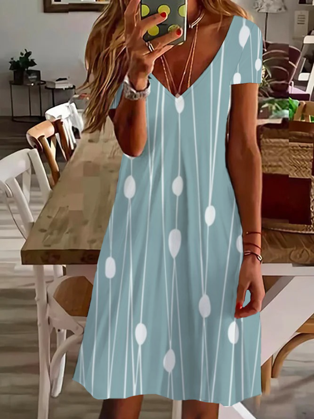 Damen Kurzarm Sommer Gestreift Print Kleid V-Ausschnitt Täglich Ausgehen Lässig Knielänge T-Shirt-Kleid H-Linie Kleid