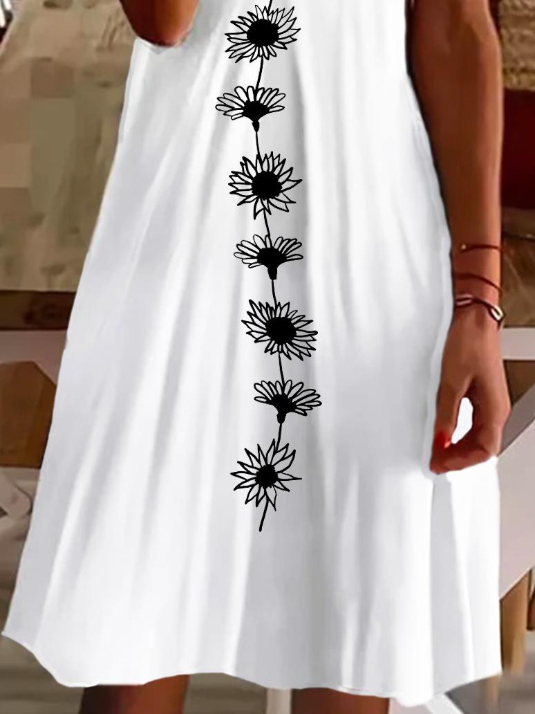 Damen Kurzarm Sommer Geblümt Print Kleid V-Ausschnitt Täglich Ausgehen Lässig Knielänge T-Shirt-Kleid H-Linie Kleid