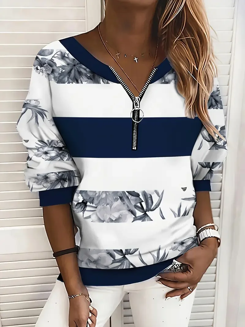 Damen Rundhals Gestreift Print Lässig Frühling/Herbst Langarm Sweatshirt