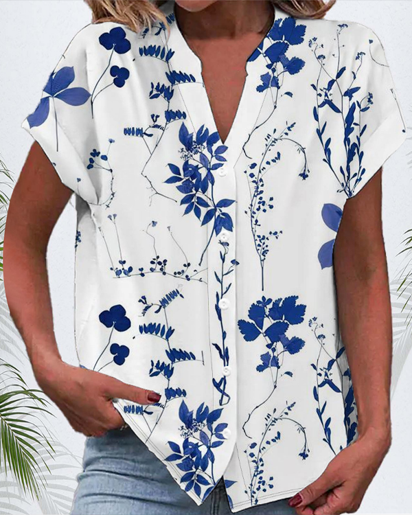 Damen Kurzarm Bluse Sommer Geblümt Print V-Ausschnitt Täglich Ausgehen Lässig Oberteile