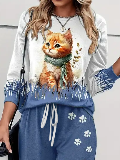 Damen Print Katze Täglich Ausgehen Zwei Stücke Set Langarm Lässig Frühling/Herbst Bluse mit Hose Matching Set