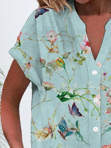 Damen Kurzarm Bluse Sommer Geblümt Print V-Ausschnitt Täglich Ausgehen Lässig Oberteile