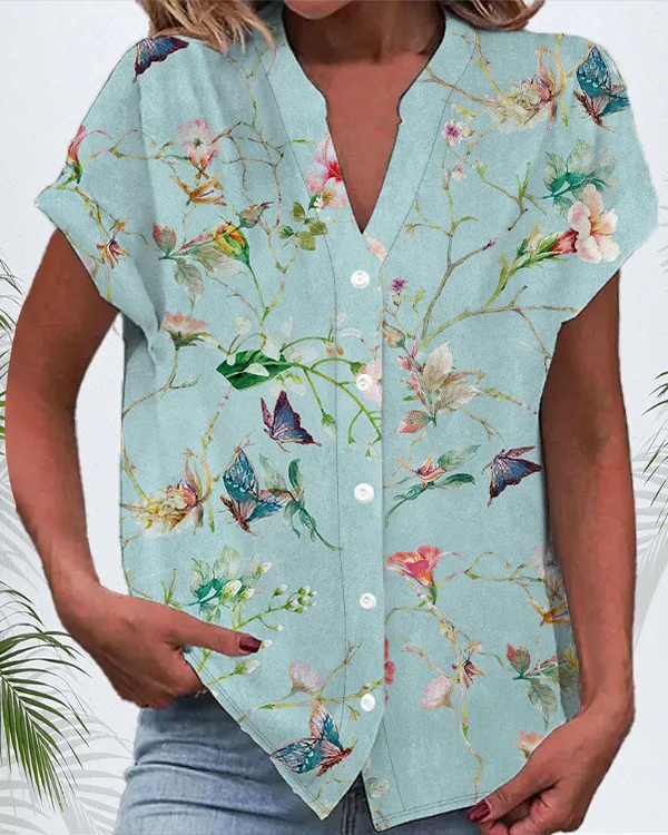 Damen Kurzarm Bluse Sommer Geblümt Print V-Ausschnitt Täglich Ausgehen Lässig Oberteile