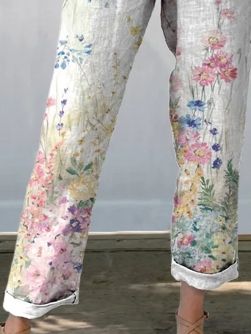 Damen Hose Gerade Hosen Täglich Ausgehen Lässig Print Leinenmischung Geblümt Frühling/Herbst Hose