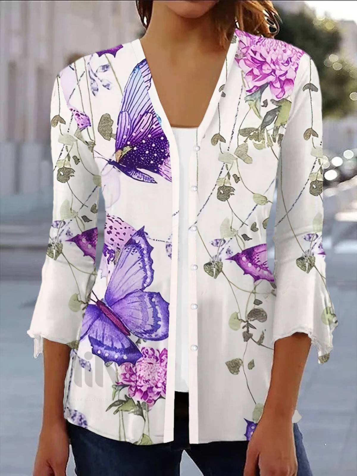 Damen Frühling/Herbst Aufdecken Lässig Geblümt Print Leicht Strickjacke