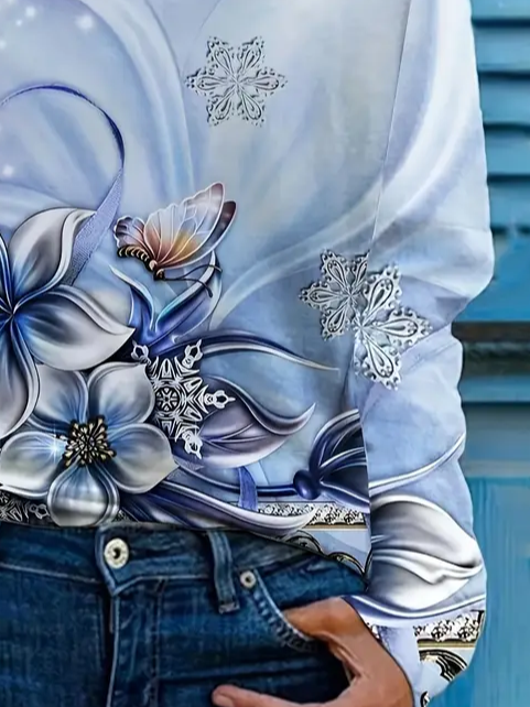 Damen Langarm T-Shirts T-Shirt Frühling/Herbst Geblümt Print Rundhals Lässig T-Shirt mit Grafik Oberteile