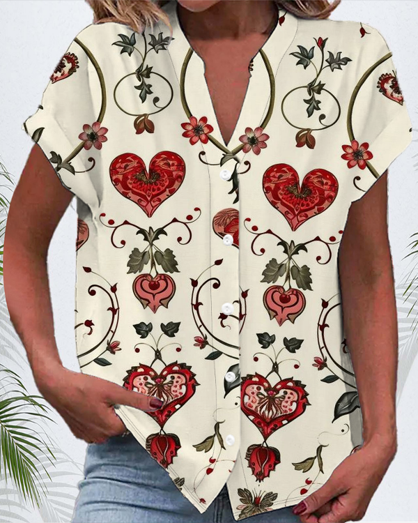 Damen Kurzarm Bluse Sommer Geblümt Print V-Ausschnitt Täglich Ausgehen Lässig Oberteile