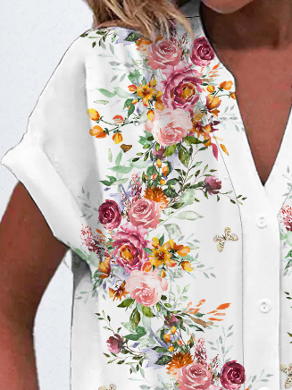 Damen Kurzarm Bluse Sommer Geblümt Print V-Ausschnitt Täglich Ausgehen Lässig Oberteile