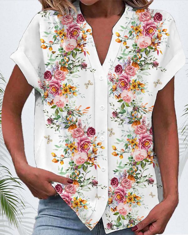 Damen Kurzarm Bluse Sommer Geblümt Print V-Ausschnitt Täglich Ausgehen Lässig Oberteile