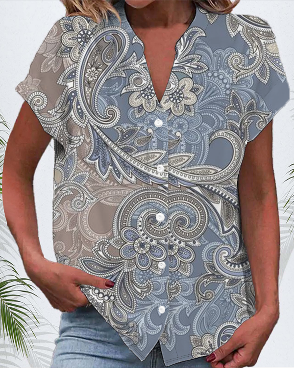 Damen Kurzarm Bluse Sommer Geblümt Print V-Ausschnitt Täglich Ausgehen Lässig Oberteile