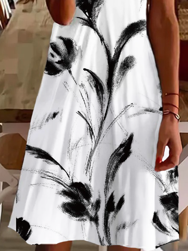 Damen Kurzarm Sommer Geblümt Print Kleid V-Ausschnitt Täglich Ausgehen Lässig Knielänge T-Shirt-Kleid H-Linie Kleid