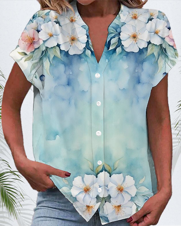 Damen Kurzarm Bluse Sommer Geblümt Print V-Ausschnitt Täglich Ausgehen Lässig Oberteile