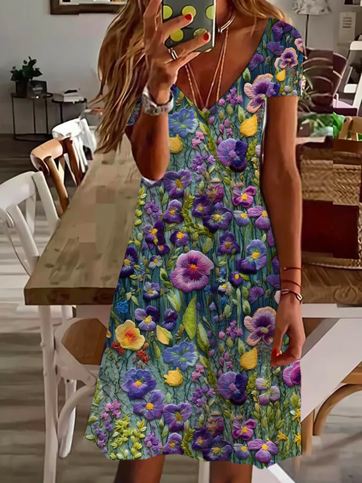 Damen Kurzarm Sommer Geblümt Print Kleid V-Ausschnitt Täglich Ausgehen Lässig Knielänge T-Shirt-Kleid H-Linie Kleid