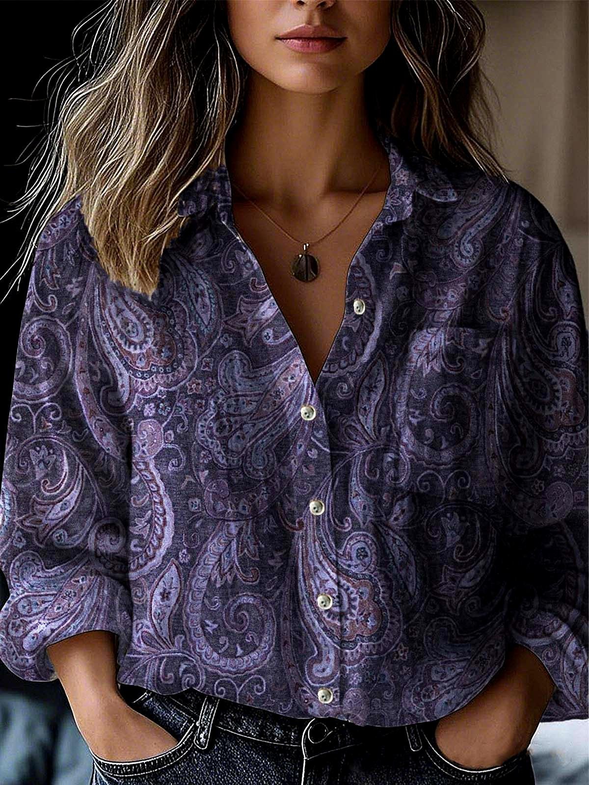 Damen Langarm Bluse Frühling/Herbst Paisley Schalkragen Täglich Ausgehen Retro Oberteile