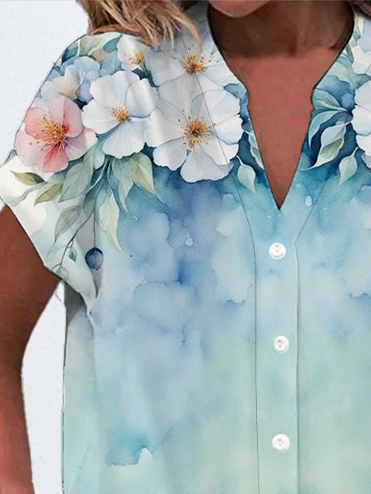 Damen Kurzarm Bluse Sommer Geblümt Print V-Ausschnitt Täglich Ausgehen Lässig Oberteile