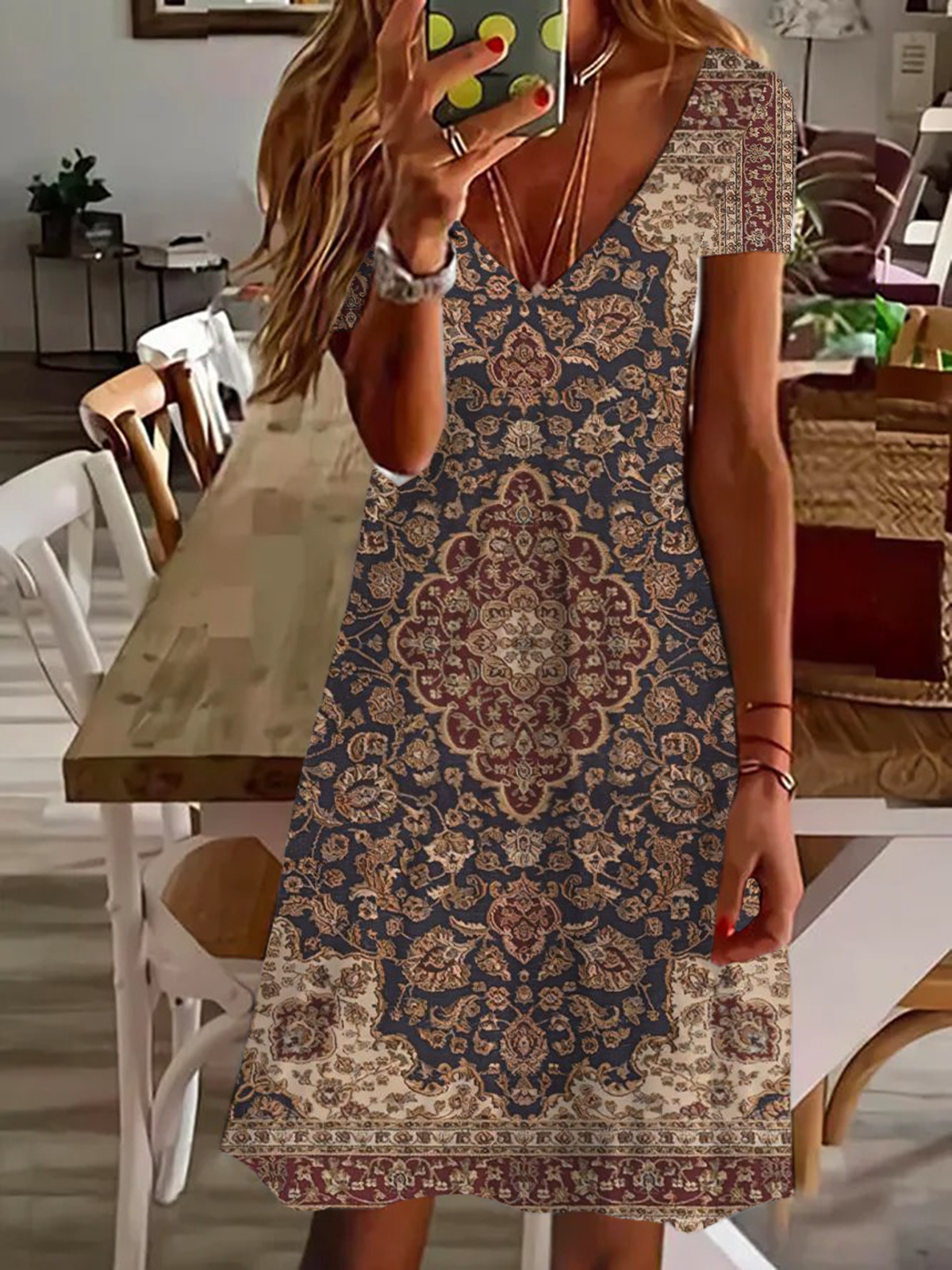 Damen Kurzarm Sommer Geblümt Print Kleid V-Ausschnitt Täglich Ausgehen Lässig Knielänge T-Shirt-Kleid H-Linie Kleid