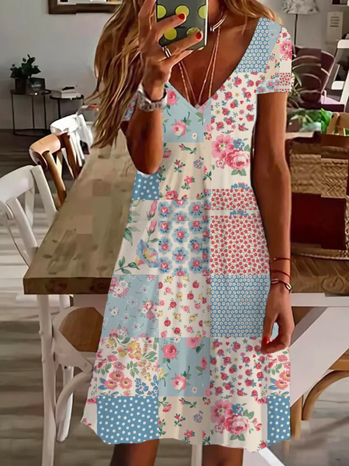 Damen Kurzarm Sommer Geblümt Print Kleid V-Ausschnitt Täglich Ausgehen Lässig Knielänge T-Shirt-Kleid H-Linie Kleid