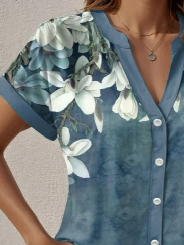 Damen Kurzarm Bluse Sommer Geblümt Print V-Ausschnitt Täglich Ausgehen Lässig Oberteile