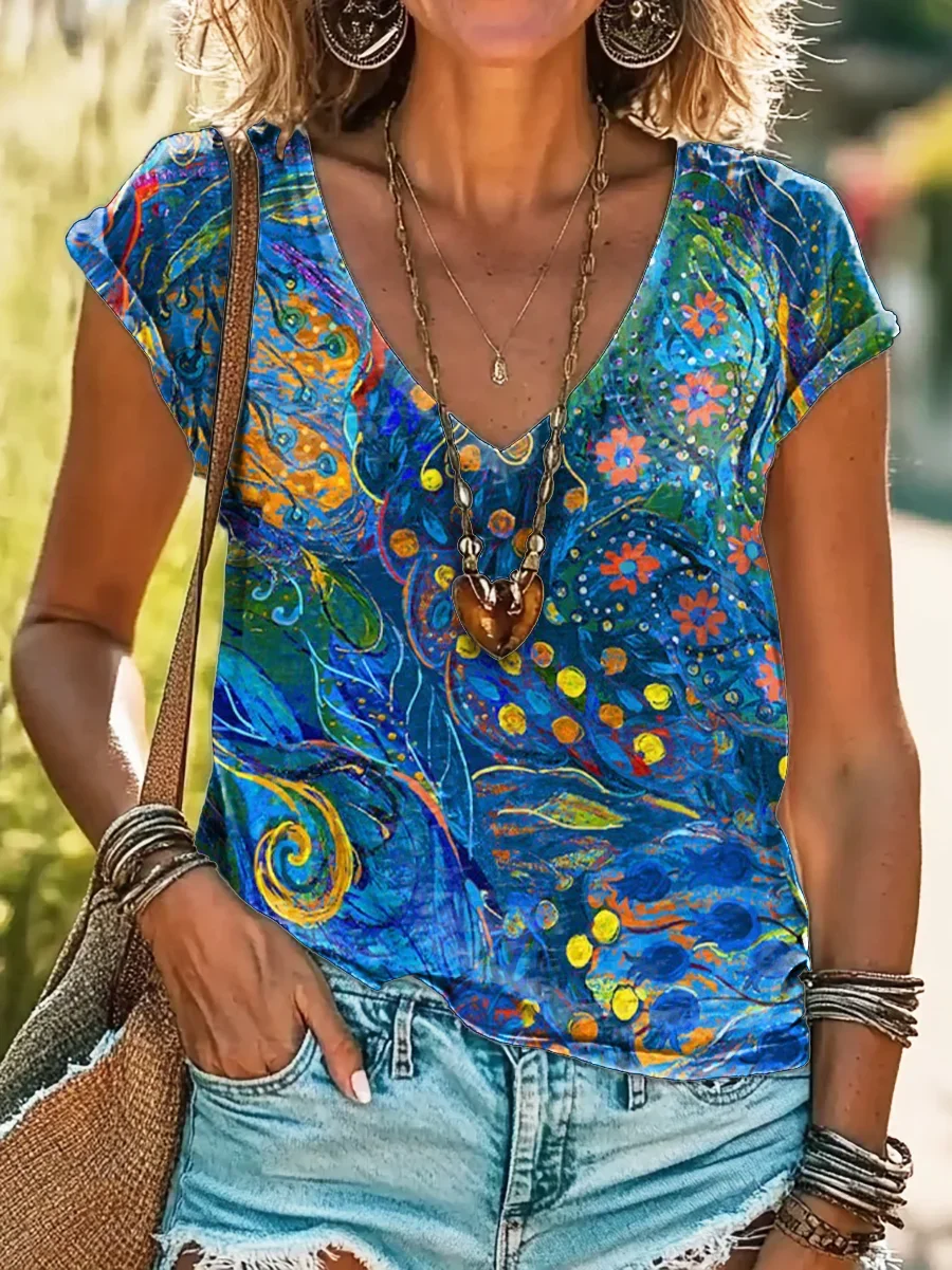 Damen Abstrakt Grafik Kurzarm T-Shirts T-Shirt V-Ausschnitt Lässig Sommer Oberteile
