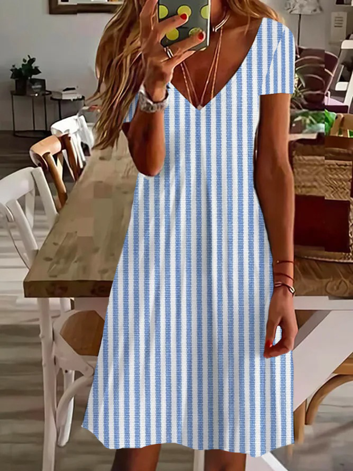 Damen Kurzarm Sommer Gestreift Print Kleid V-Ausschnitt Täglich Ausgehen Lässig Knielänge T-Shirt-Kleid H-Linie Kleid