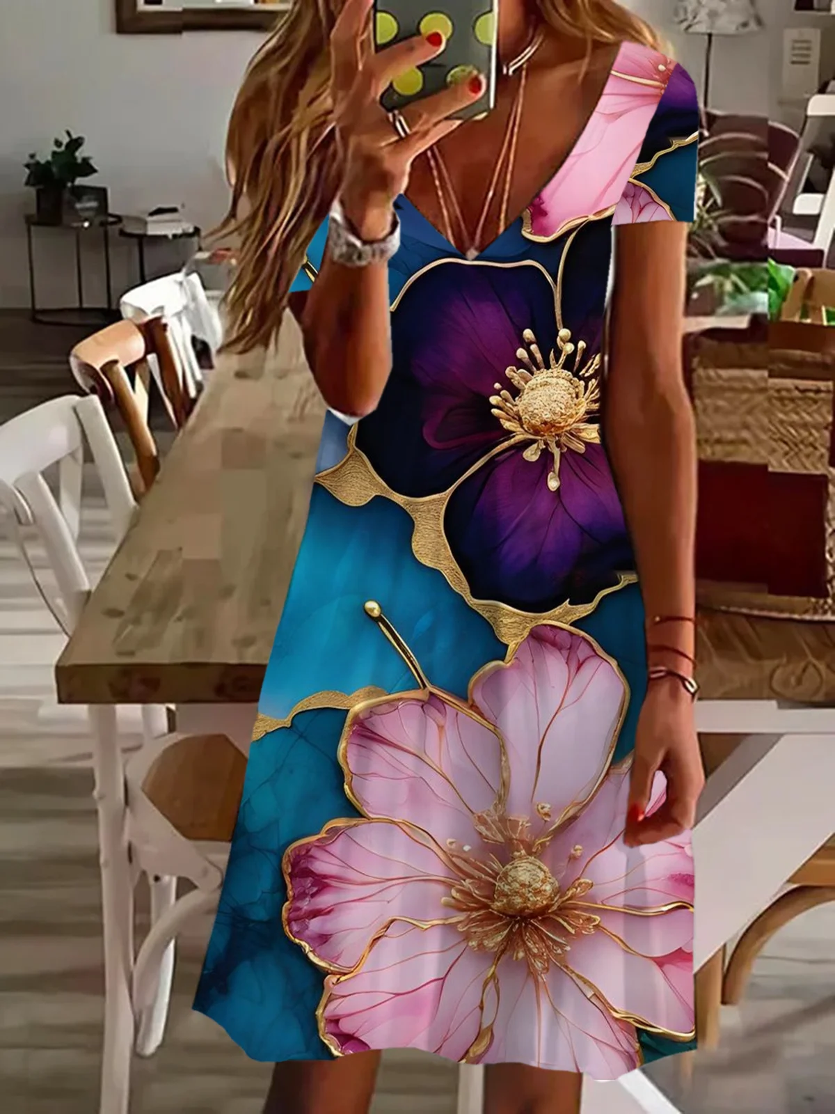 Damen Kurzarm Sommer Geblümt Print Kleid V-Ausschnitt Täglich Ausgehen Lässig Knielänge T-Shirt-Kleid H-Linie Kleid