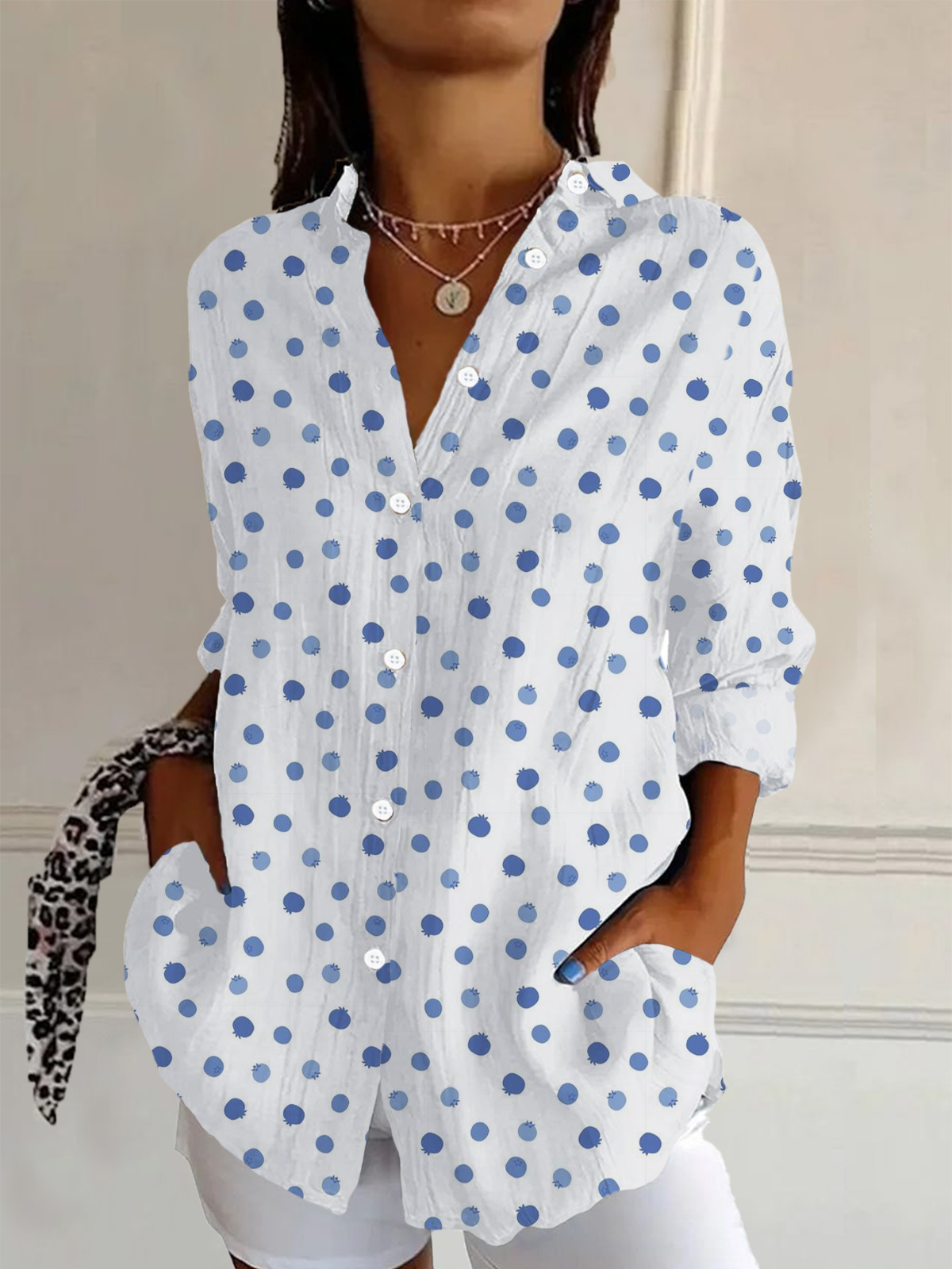 Damen Langarm Bluse Frühling/Herbst Polka Dots Schnalle Hemdkragen Täglich Ausgehen Lässig Oberteile