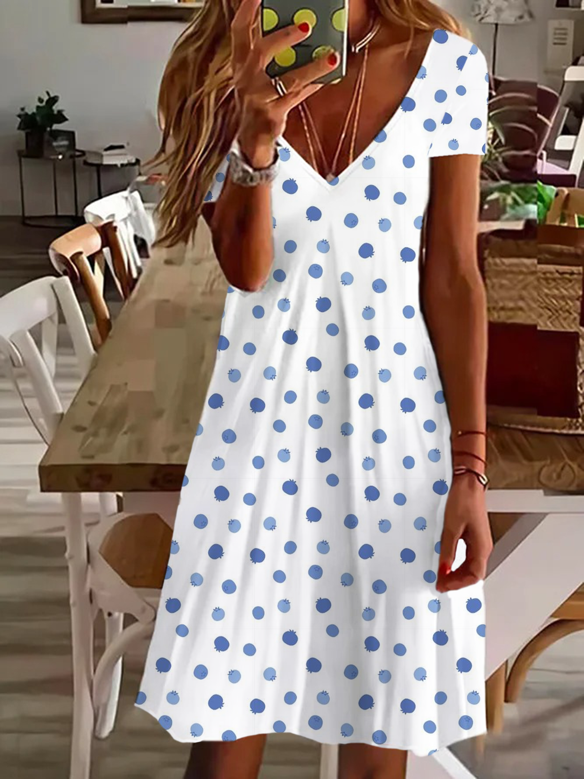 Damen Kurzarm Sommer Polka Dots Print Kleid V-Ausschnitt Täglich Ausgehen Lässig Knielänge T-Shirt-Kleid H-Linie Kleid